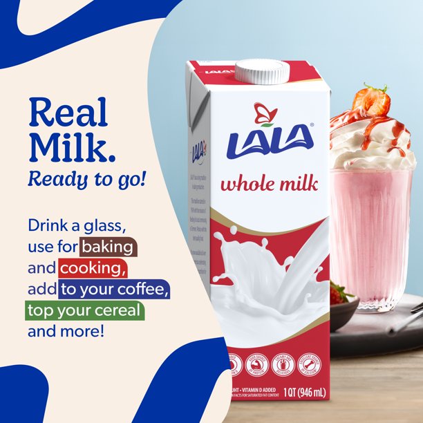 (3 pack) LALA Whole Milk UHT Shelf-Stable, Unflavored, 32 oz Box