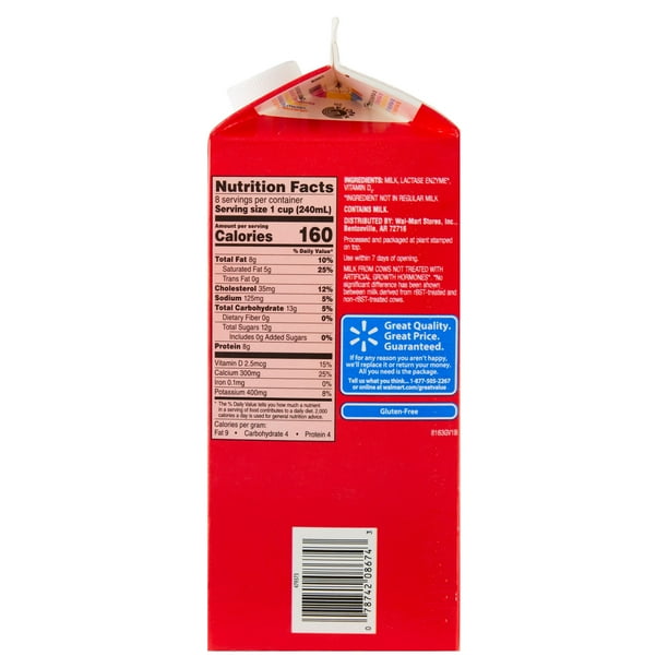 Great Value Lactose Free Whole Vitamin D Milk, Half Gallon, 64 fl oz