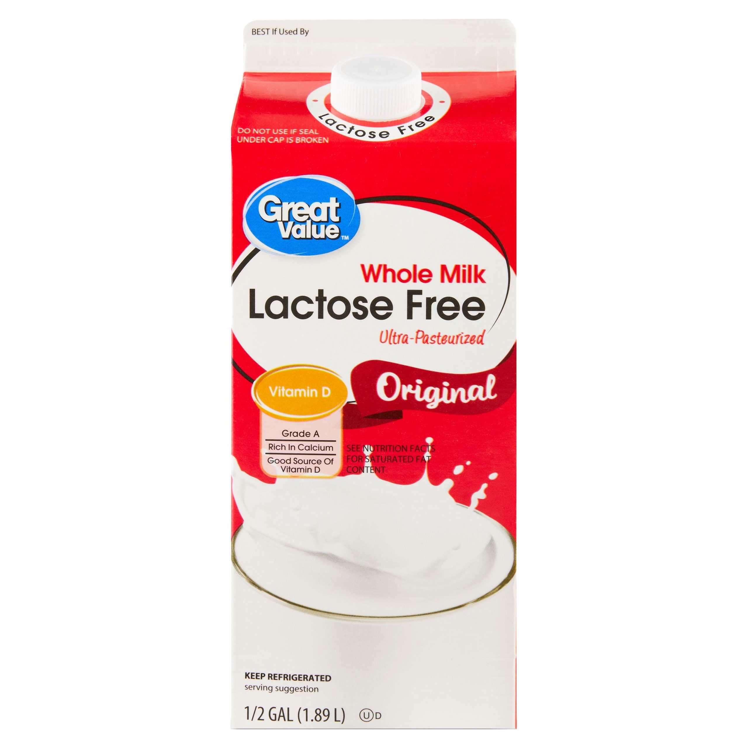Great Value Lactose Free Whole Vitamin D Milk, Half Gallon, 64 fl oz