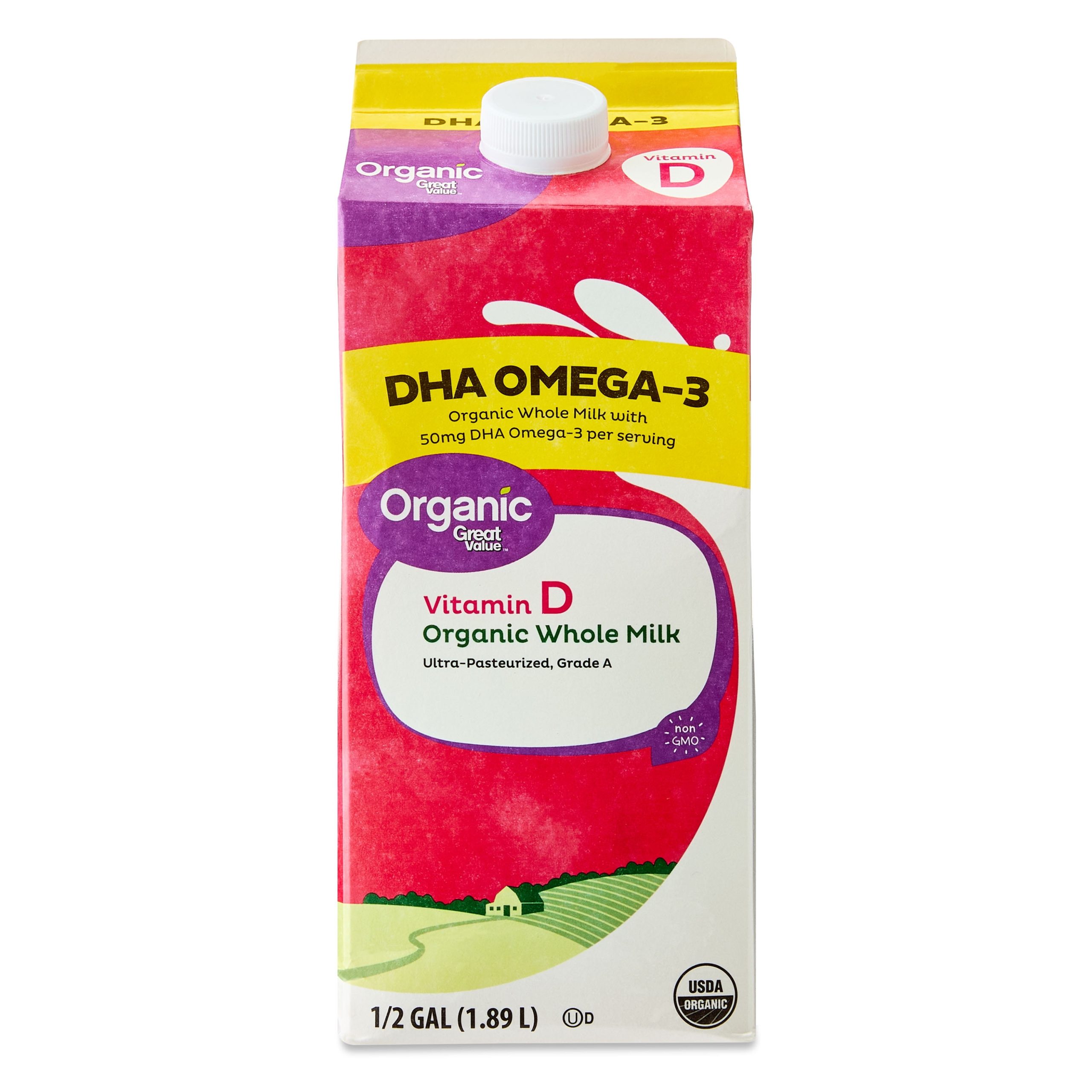 Great Value Organic Whole Milk with DHA Omega-3, Half Gallon